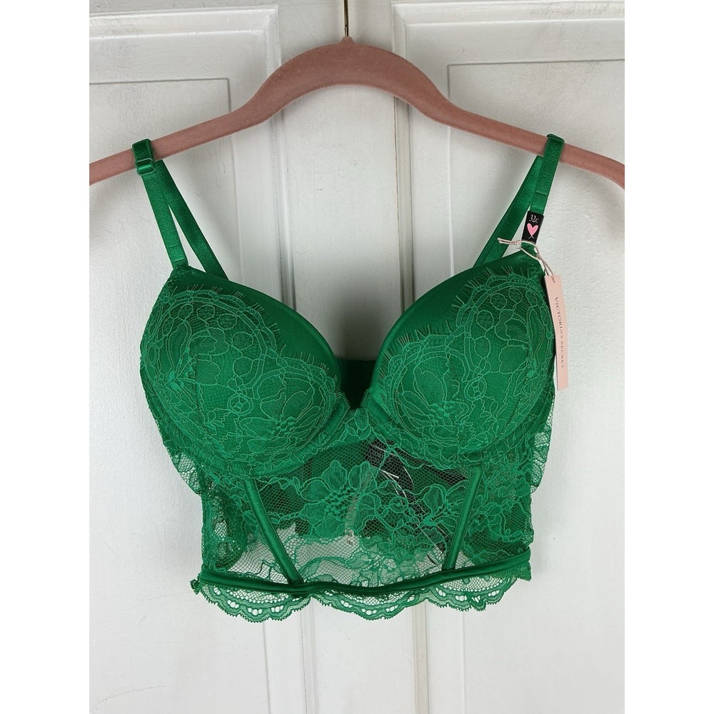 Victoria's Secret 32C Bombshell Bra Padded Longline Corset Top Green Lace NWT